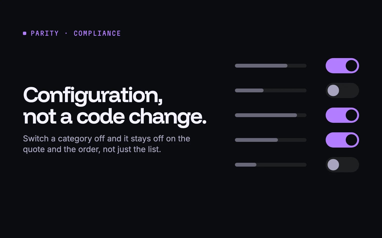 Cover reading: configuration, not a code change. A column of sliders and toggles, some switched on and some off.